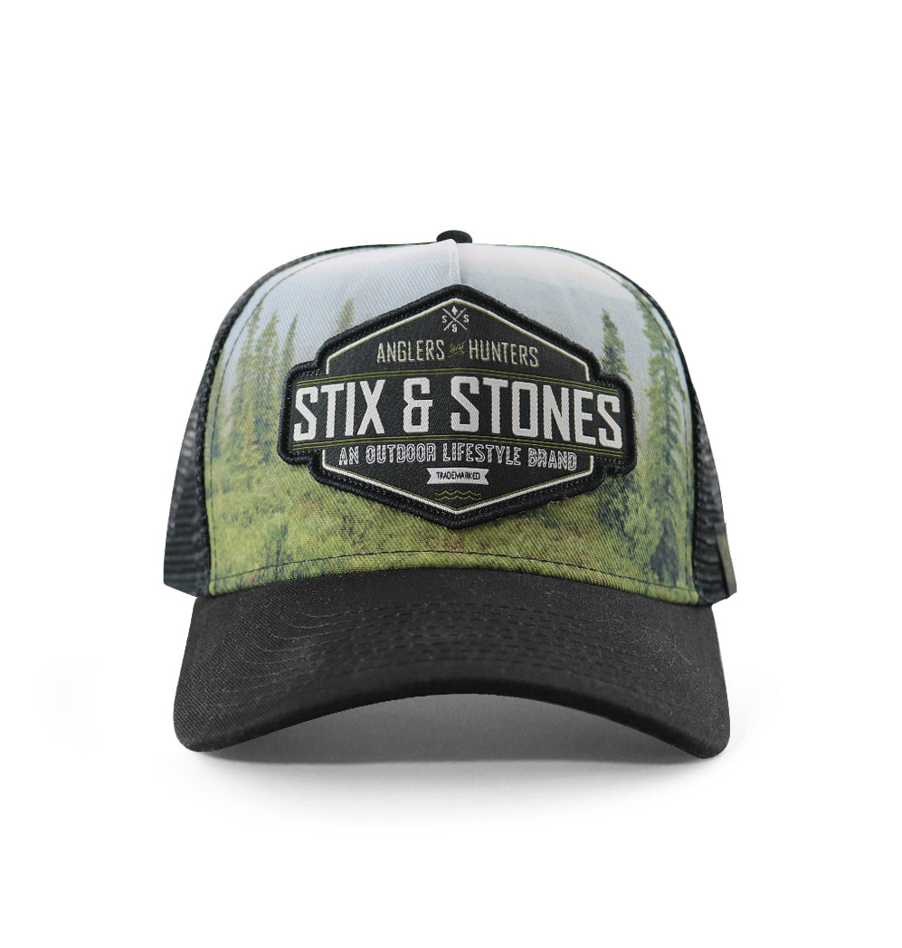 Outdoor Hats, Landscape photo, black mesh back hat, Crest patch