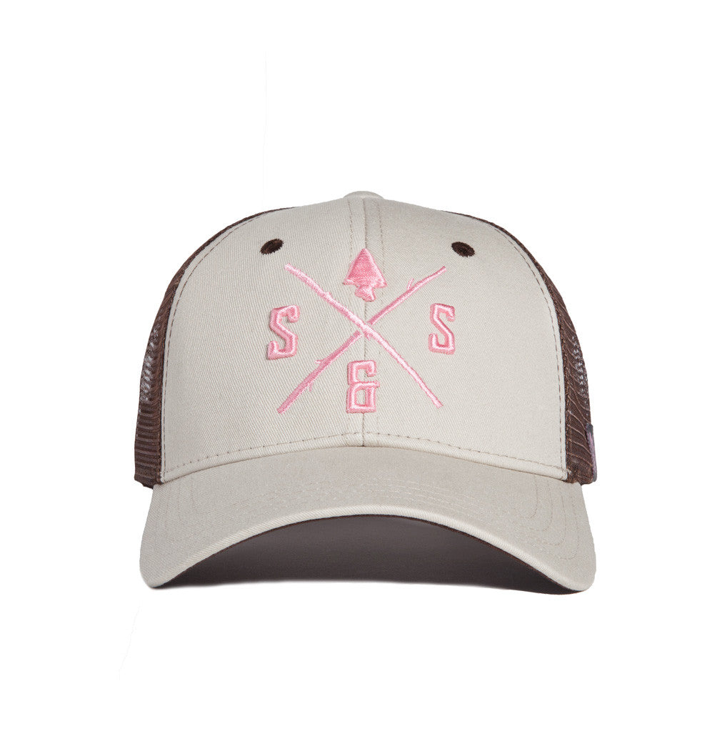 Outdoor Hats, White and brown mesh back hat, light pink logo