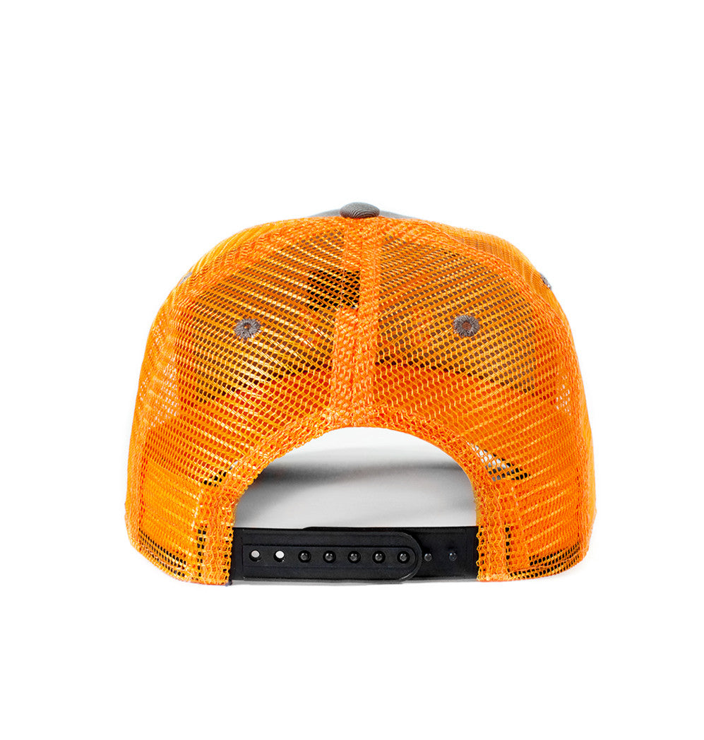 Outdoor Hats, Grey and orange mesh back hat, Blaze orange logo
