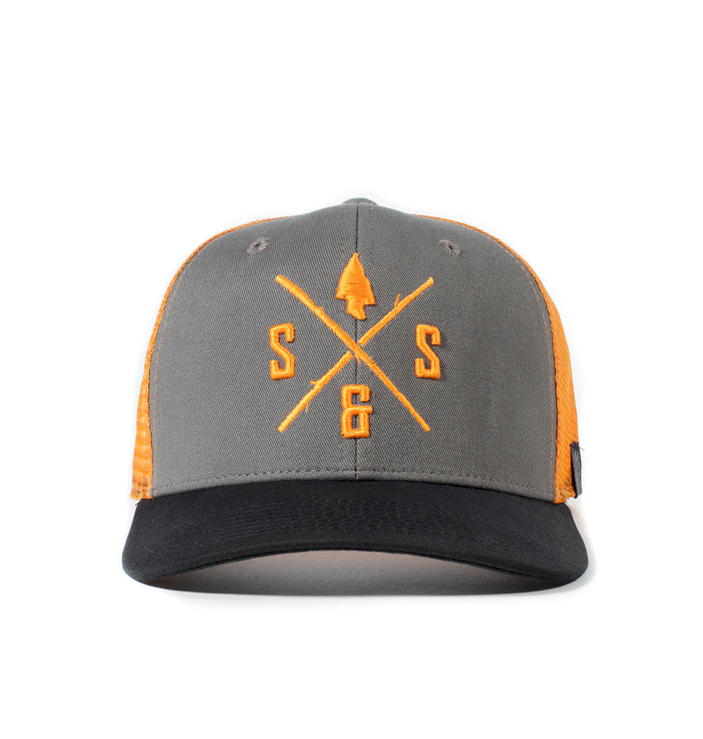 Outdoor Hats, Grey and orange mesh back hat, Blaze orange logo