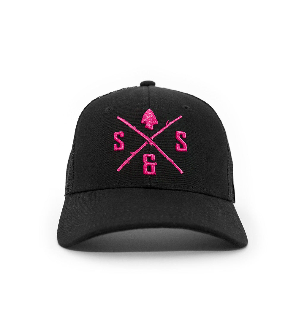 Outdoor Hats, Black mesh back hat, Pink logo