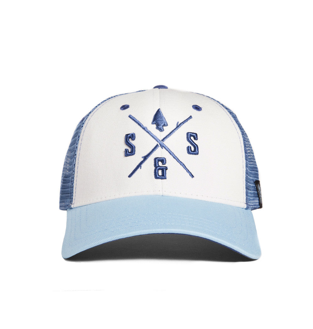 Outdoor Hats, White and power blue mesh back hat, Blue logo
