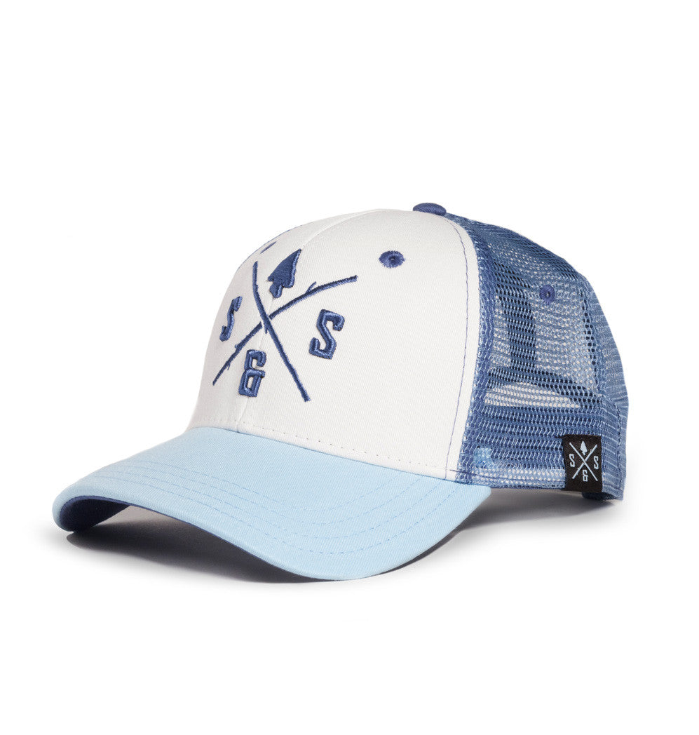 Outdoor Hats, White and power blue mesh back hat, Blue logo